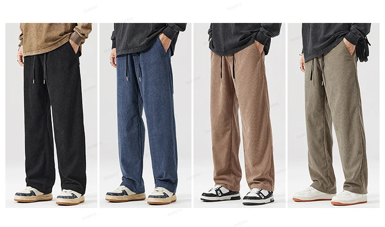 OUSSYU Brand Autumn Winter Men's Stripe Corduroy Pants Elastic Waist Drawstring Straight Thick Outdoors Loose Casual Trousers.