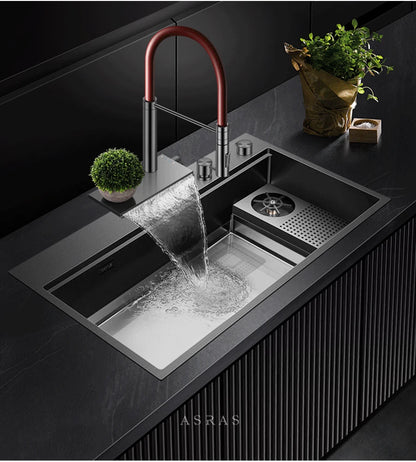 ASRAS New Waterfall Faucet Kitchen Sinks Nanometer Large Size 4mm Panel Handmade Sinks Cup Rinser Kitchen Sinks
