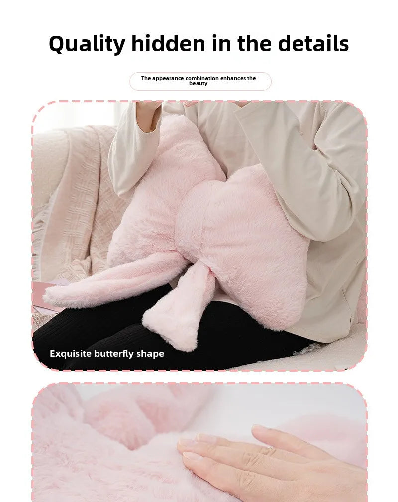 Pink bow ribbon couch pillow imitation rabbit fur comfortable car seat cushion ins style simple all-match back cushion.