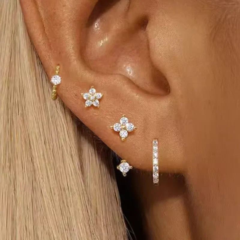4PCS Fashion Zircon Round Hoop Earring Set Women Temperament Flower Ear Stud Huggie Earring Tragus Piercing Cartilage Jewelry.