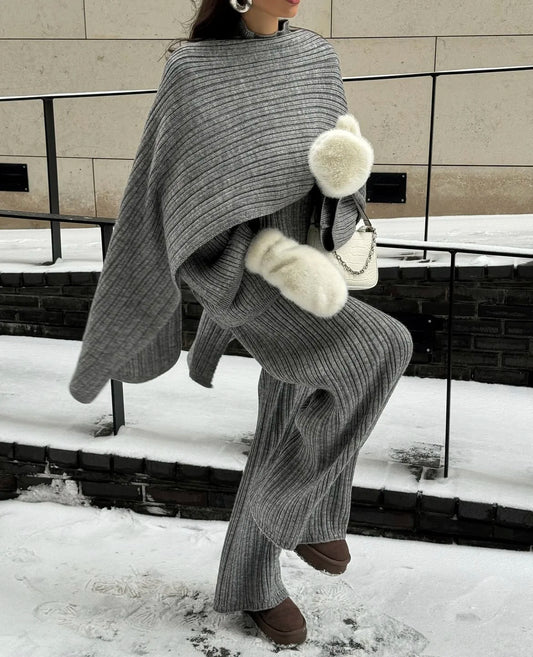 Hirsionsan Soft Elegant Vintage Women Suits 3 Pieces Female Sets O Neck Sweater & Wild Leg Pants with Scarf Knitted TrackSuit.