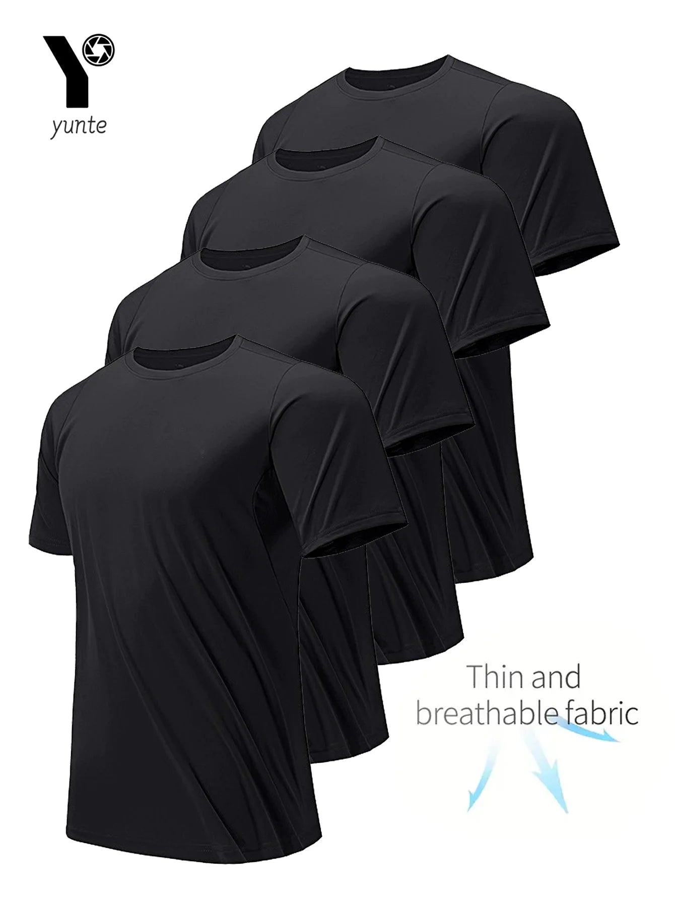 Round Neck T-Shirt 4-Pack Black Ultra-Light Men's Quick Drying Breathable Sweat-Absorbent Shirt Suitable for Fitness Gym and Run.