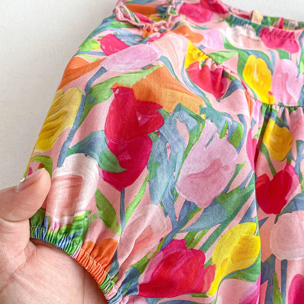 MILANCEL 2025, Sommerkleidung für Babys, Mädchen, Rüschenärmel, Kleinkind-Mädchen-Bodys, Tulpenmuster, Einteiler für Kleinkinder.