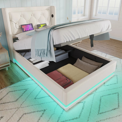 KOMHTOM PU-Material Hydraulisches Stauraumbett, mit USB Typ-C Ladefunktion, 3-seitige LED-Funktion, ohne Matratze