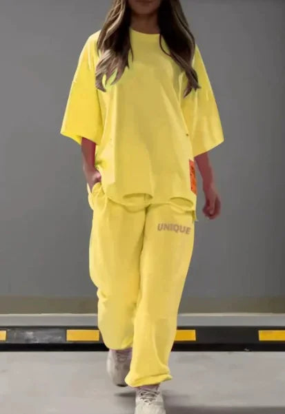 Summer New Fashion Hollowed Out O Neck T Shirt Women's 2 Piece Set Solid Color Casual Relaxed Tracksuit Pants Pocket Female Suit.