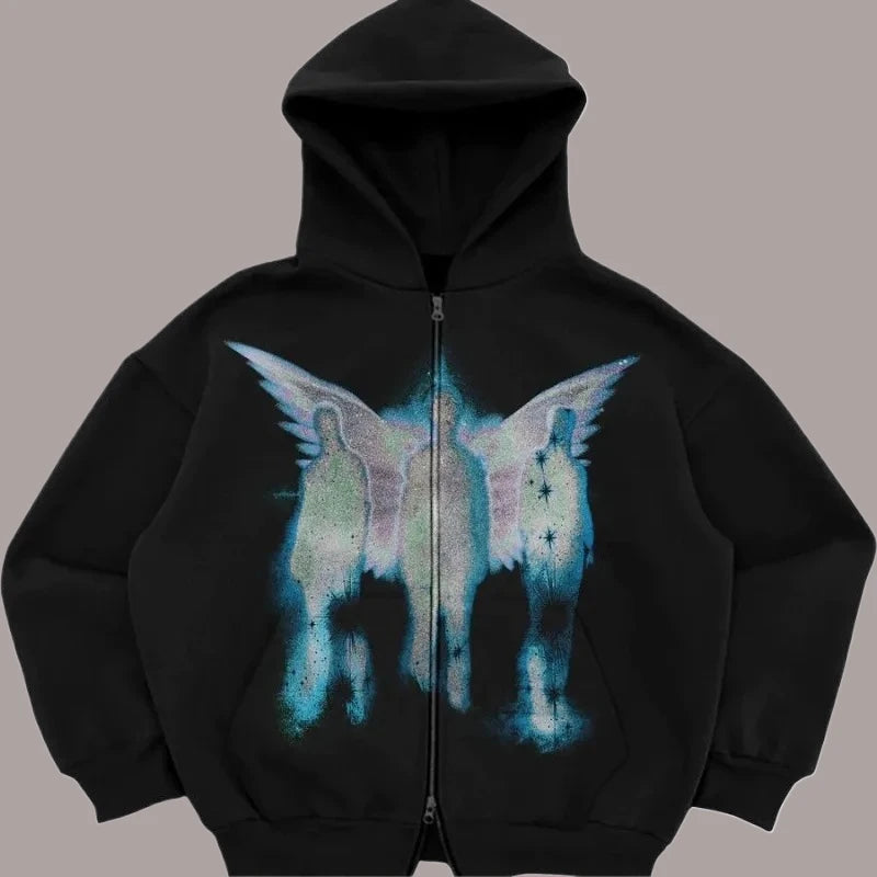 American Street Sports Zipper Printed CardiganSweater New Street Trend Hooded Sweatshirt Fashion Men's Loose Retro Pocket Hoodie.