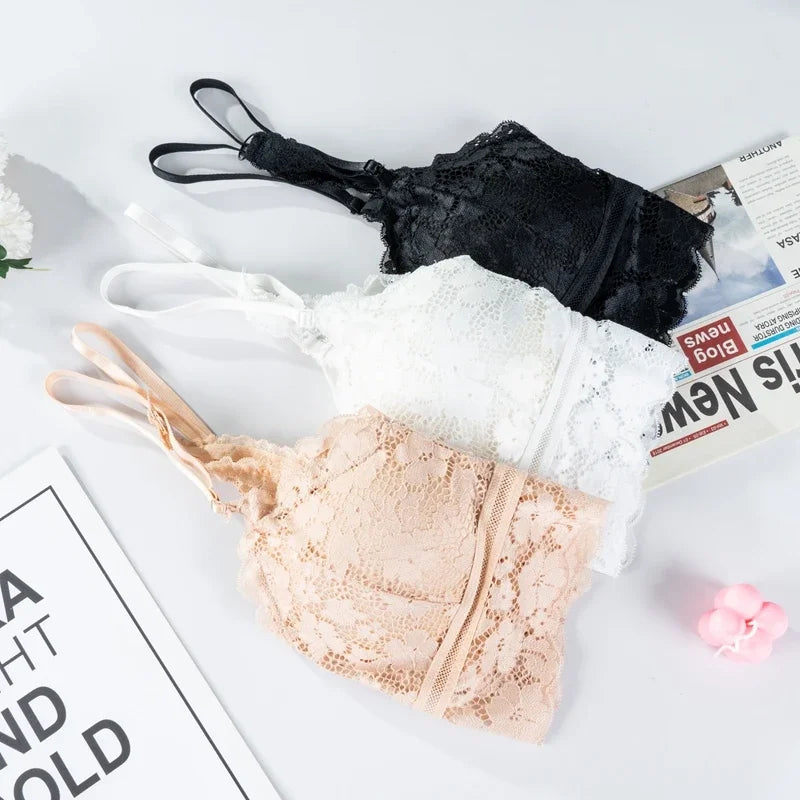 Women White Crop Tops Lace Print Camisole Sexy Hollow Backless Bra Removable Chest Pad Bralette Solid Beauty Back Tank Top.