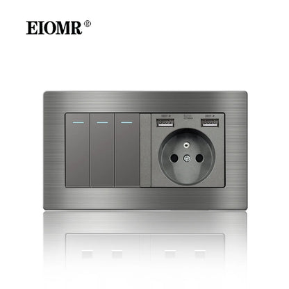EIOMR Frankreich Standard-Steckdose, graue Aluminiumlegierung, Lichtschalter, RJ45, Fernseher, 220 V, 16 A, Wandsteckdosen für Haushaltsgeräte