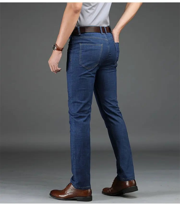 Classic Straight Men's Jeans Fitted Comfortable Elastic Business Casual Denim Pants Korean Fashion  Autumn Casual Trousers.