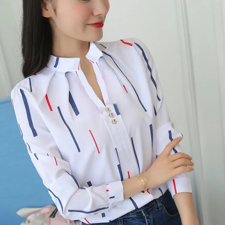 Stripe Women Blouse Fashion Standing Collar Women's Shirt Long Sleeved Shirts and Blouses Printing Ladies Tops Basic Womens Tops.