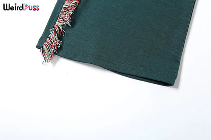 Weird Puss Casual Sporty 2 Piece Set Women Letter Embroidery Crop Tops+Side Tassel Straight Pants Matching Streetwear Tracksuits