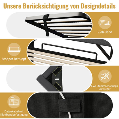 KOMHTOM Doppelbett Leinen, mit USB und Typ C-Port, 360-Surround-LED-Funktion, Hydraulischer Stauraum, ohne Matratze