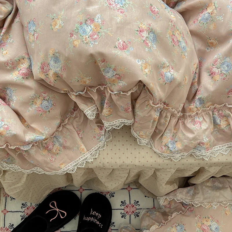 Korean Princess Style Ruffles Flower Print Bedding Set Duvet Cover Set Bed Skirt Bedspread Pillowcases 100% Cotton Home Textile.