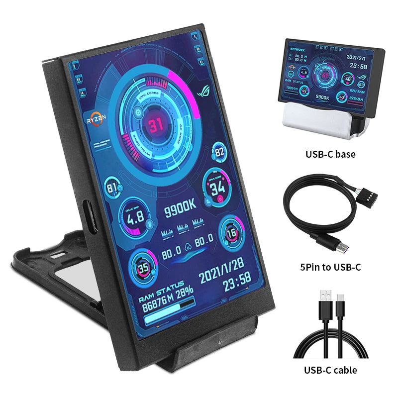 3.5 / 5 Inch IPS Type-C Secondary Screen Mini Computer USB Display CPU GPU RAM HDD Monitor with Holder Metal Case No Use AIDA64.