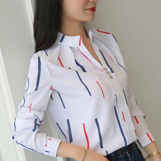 Stripe Women Blouse Fashion Standing Collar Women's Shirt Long Sleeved Shirts and Blouses Printing Ladies Tops Basic Womens Tops.