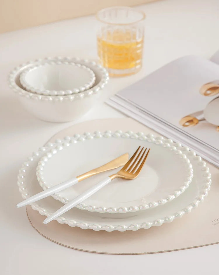 Ceramic Tableware Set Nordic Creative Pearls Beaded Edge Western Food Snack Plate Rice Bowl Soup Bowl Steak Plate Set Kitchen.