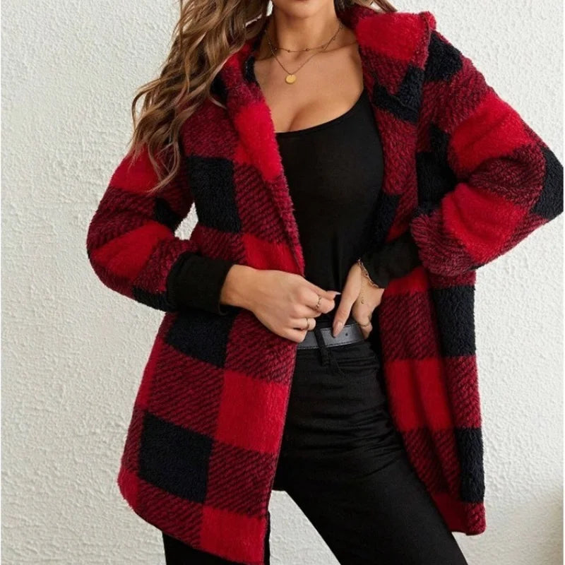 Frauen Herbst Winter Doppel Fleece Plaid Strickjacke Weiche Lose Lange Hülse Plüsch Warme Mit Kapuze Jacke Weibliche Patchwork Oberbekleidung Mantel