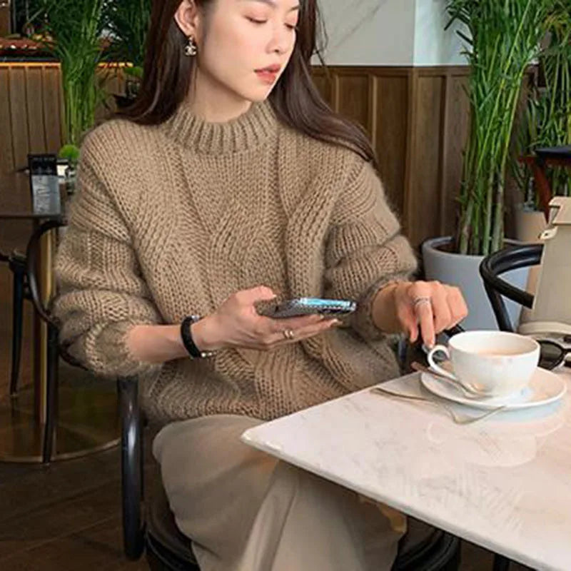 Biyaby Twist Gestrickte Pullover Frau Herbst Winter Faul Stil Oansatz Feste Pullover Frauen Casual Grundlegende Lose Pullover Damen.