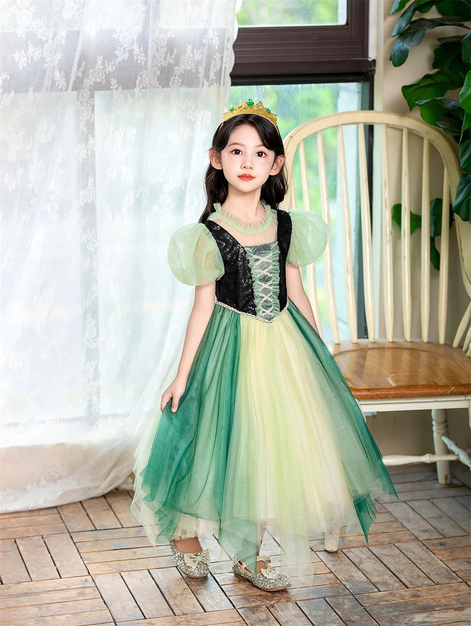 Anna Grünes Kleid Mädchen Spitze Tüll Elegantes Kleid Kinder Bühnenshow Prinzessin Kostüm Kinder Purim Cosplay Kleidung.