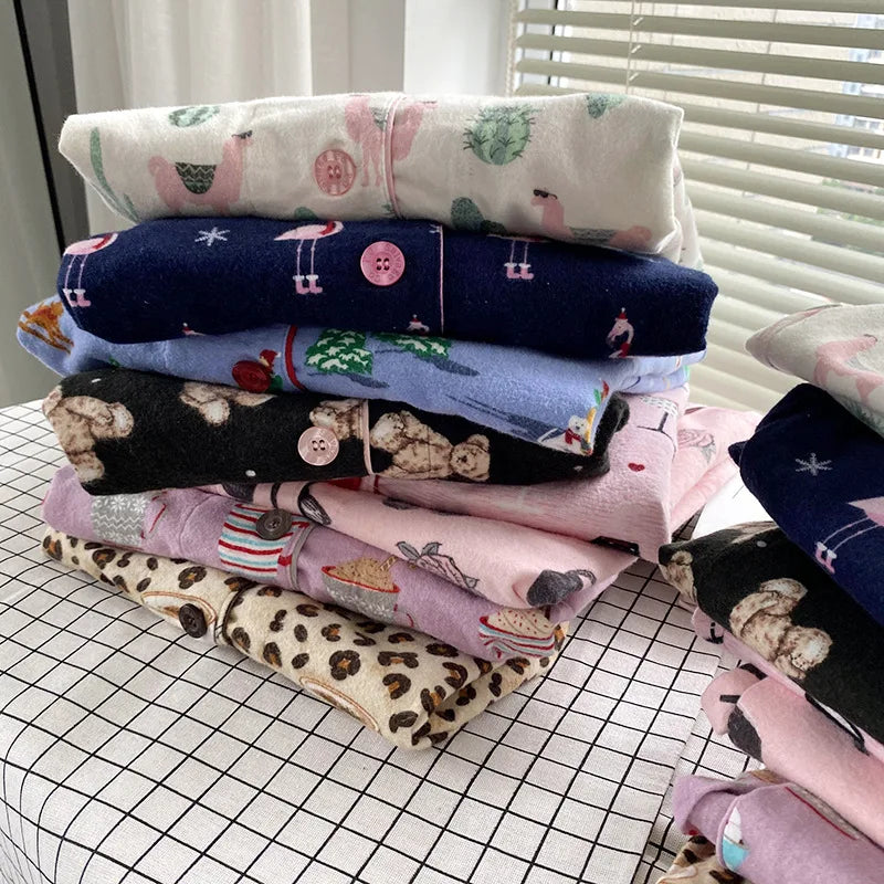 2025 New Pajamas Suit Cotton 2 Piece Set Women Print Cartoon Nightwear Long Sleeve Trousers Set Autumn Loungewear Home Clothes