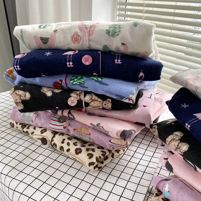 2025 New Pajamas Suit Cotton 2 Piece Set Women Print Cartoon Nightwear Long Sleeve Trousers Set Autumn Loungewear Home Clothes