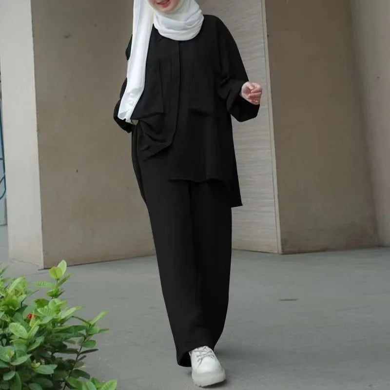 Frauen Casual Muslimischen Anzug Solide Abaya Eid Ramadan Langarm Bluse + Hosen 2-teiliges Set Dubai Türkei Kaftan Frauen islamische Kleidung