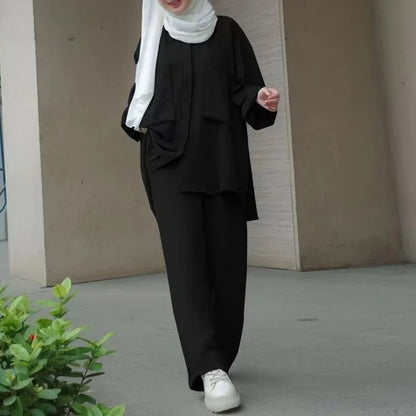 Frauen Casual Muslimischen Anzug Solide Abaya Eid Ramadan Langarm Bluse + Hosen 2-teiliges Set Dubai Türkei Kaftan Frauen islamische Kleidung