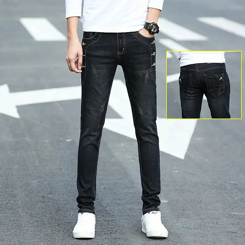 Slim Fit Men's Jeans Casual Elastic Korean Style Autumn Grey Trendy Long Pants Versatile Slim Legged Casual Trousers