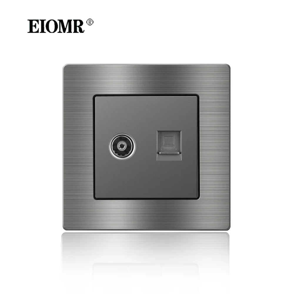 EIOMR Frankreich Standard-Steckdose, graue Aluminiumlegierung, Lichtschalter, RJ45, Fernseher, 220 V, 16 A, Wandsteckdosen für Haushaltsgeräte