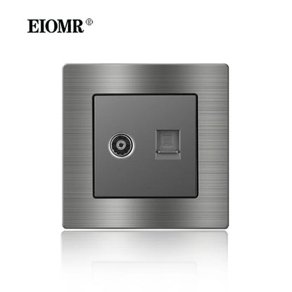 EIOMR Frankreich Standard-Steckdose, graue Aluminiumlegierung, Lichtschalter, RJ45, Fernseher, 220 V, 16 A, Wandsteckdosen für Haushaltsgeräte