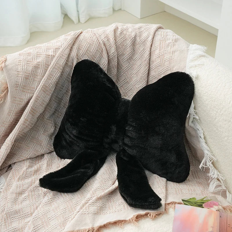 Pink bow ribbon couch pillow imitation rabbit fur comfortable car seat cushion ins style simple all-match back cushion.