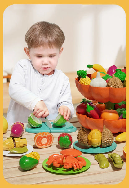 Kid Pretend Play Kitchen Toy Set Simulation Cut Fruit Vegetables Sensory Game Make Pizza Food Cook Girl Interactive Education To