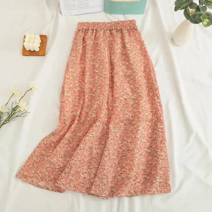 Gidyq Women Chiffon Midi Skirt Korean Fashion Floral Loose Skirts High Waist Female Casual All Match A Line Skirts Summer New.
