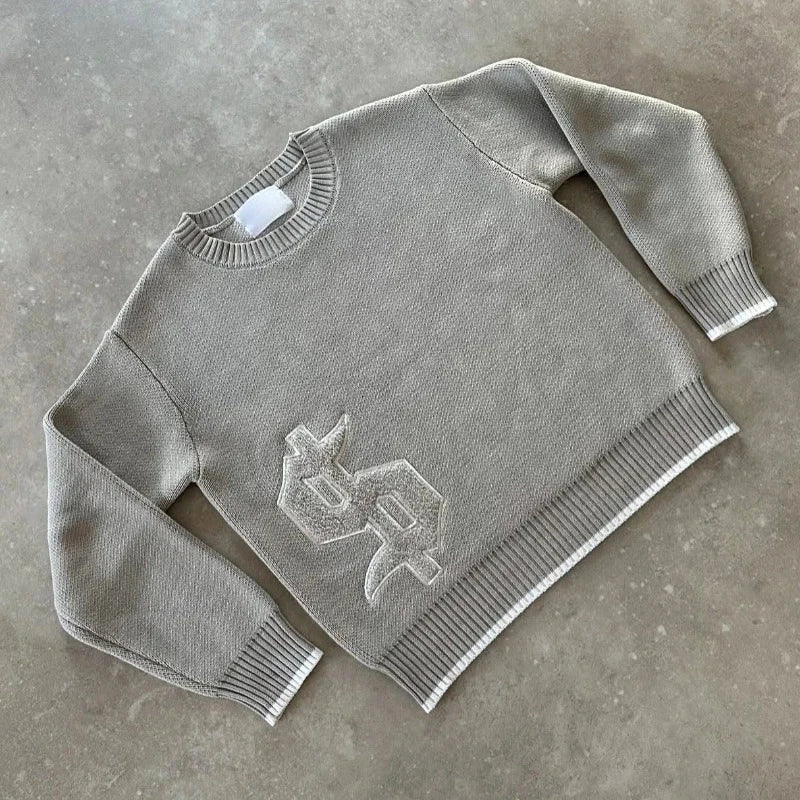 Y2K Round Neck Gray Knitted Sweater New Popular Symbol Pattern Retro Harajuku Pullover Autumn Winter Warm Boxy Men's Clothing.