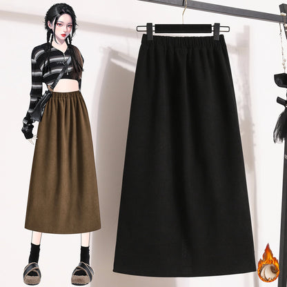 2025 Autumn Winter Plus Size Skirts Women High Waist Solid A-line Skirt Back Slit Korean Thick Elegant Fleece-lined Style Skirts