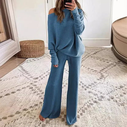 New Women's 2pcs Clothes Set Solid Color Round Neck Long Sleeve Casual Top & Loose Wide Leg Pants Home Wear.