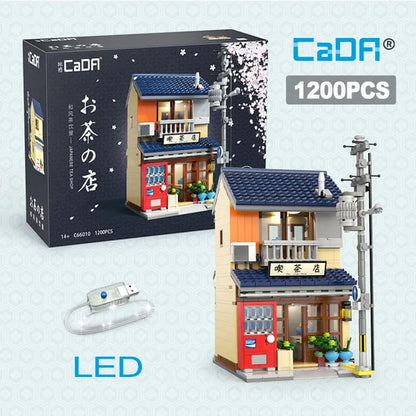 Cada Japanese Sushi HouseBricks Shop LED Japanese Steamed Bun House Building Blocks Summer Cafe cada Toy Street View Series set