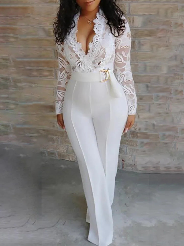 White Jumpsuits For Woman Lace Stitching Long Sleeve V-neck Wide Leg Pants With Belt Lady Romper Mono Women's Clothing Offers.