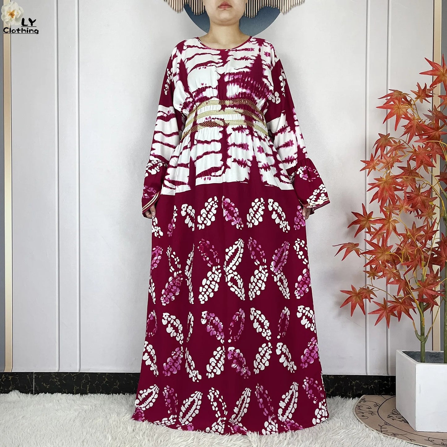 New Women Party Dress Dubai Muslim Summer Cotton Long Sleeve Collect Waist Boubou Maxi Islam Women Elegant Dress African Abaya.
