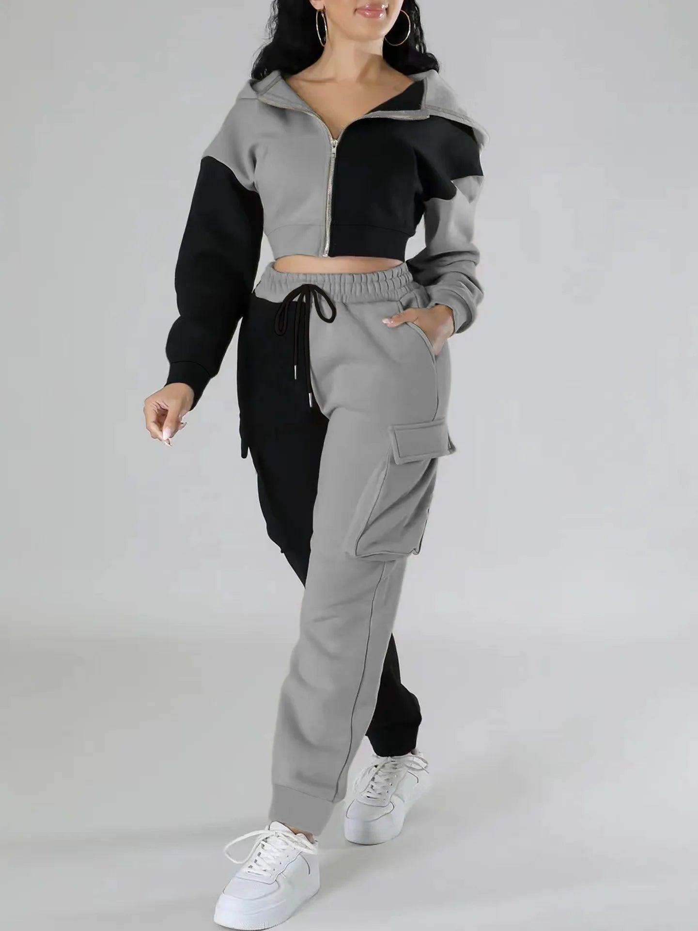 Women Loose Autumn Winter Two Pieces Suit Matching Sets Hoodie Tracksuit Blocked Zipper Short Outerwear Drawstring Cargo Pants.