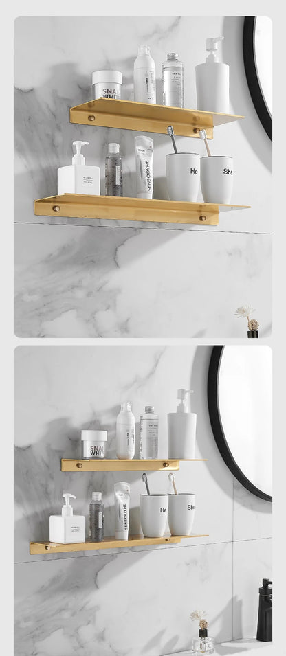 20/30/40/50CM Gebürstet Gold Wand Regal Badezimmer Lagerung Rack Küche Wand Regal Badezimmer Dusche Regale Hause Zubehör