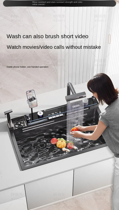 Kitchen 304 Stainless Steel Waterfall Sink, Large Single Slot, Digital Display Embossed Washing Basin Household Dishwashing Sink