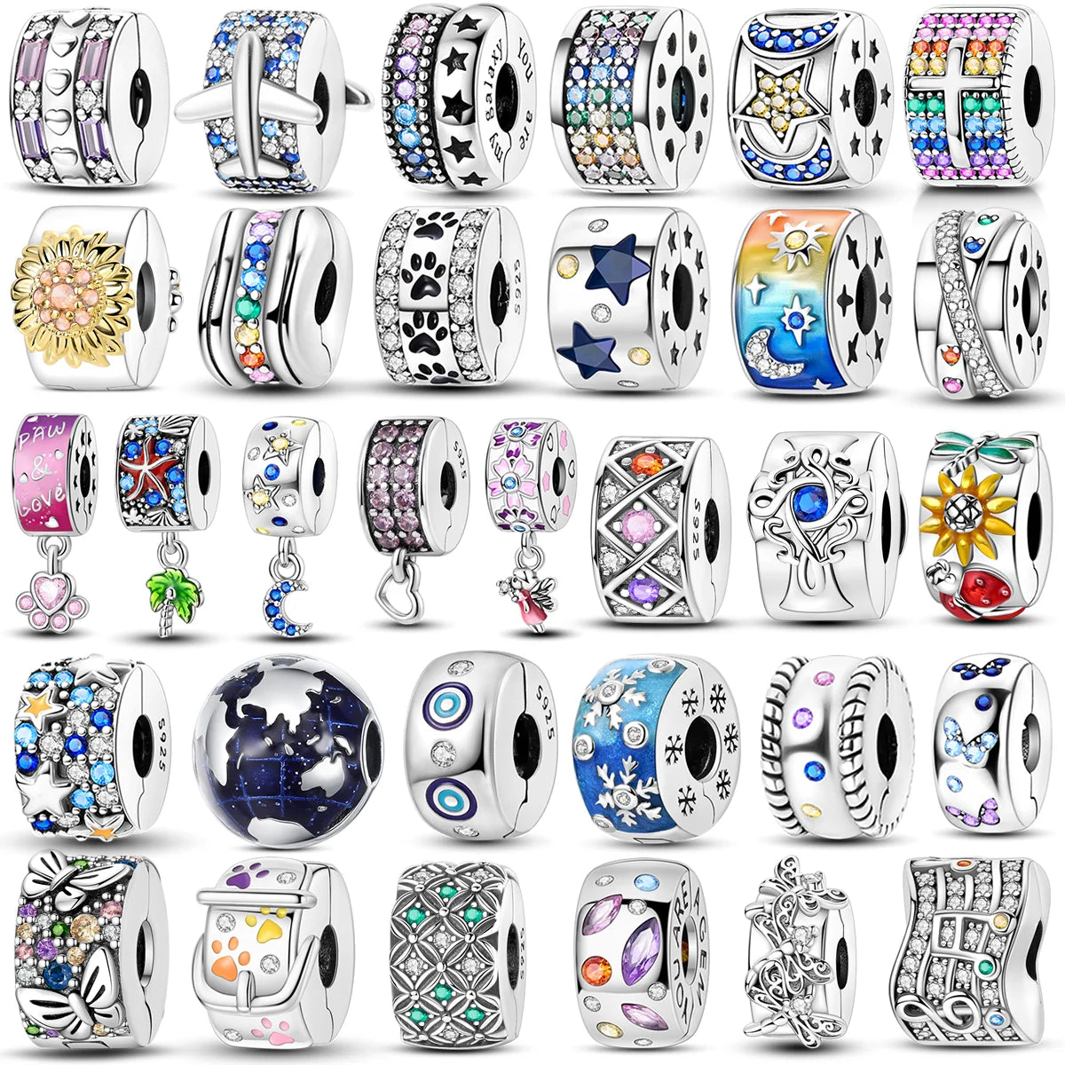 Silver Clasp 925 Sterling Silver CZ pave Clip Charms Daisy Beads Stopper Safety Chain fit Original Bangle Bracelet Jewelry Clip.