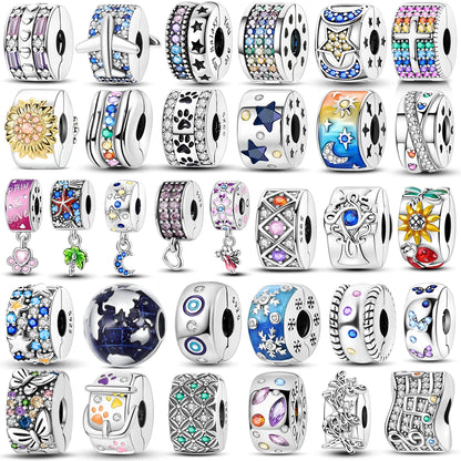 Silver Clasp 925 Sterling Silver CZ pave Clip Charms Daisy Beads Stopper Safety Chain fit Original Bangle Bracelet Jewelry Clip.