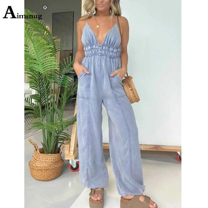 2025 Women's Stand Pocket Casual Beach Jumpsuits Women Straight Leg Trousers High Cut Female Fashion Strappy Bodysuits New.
