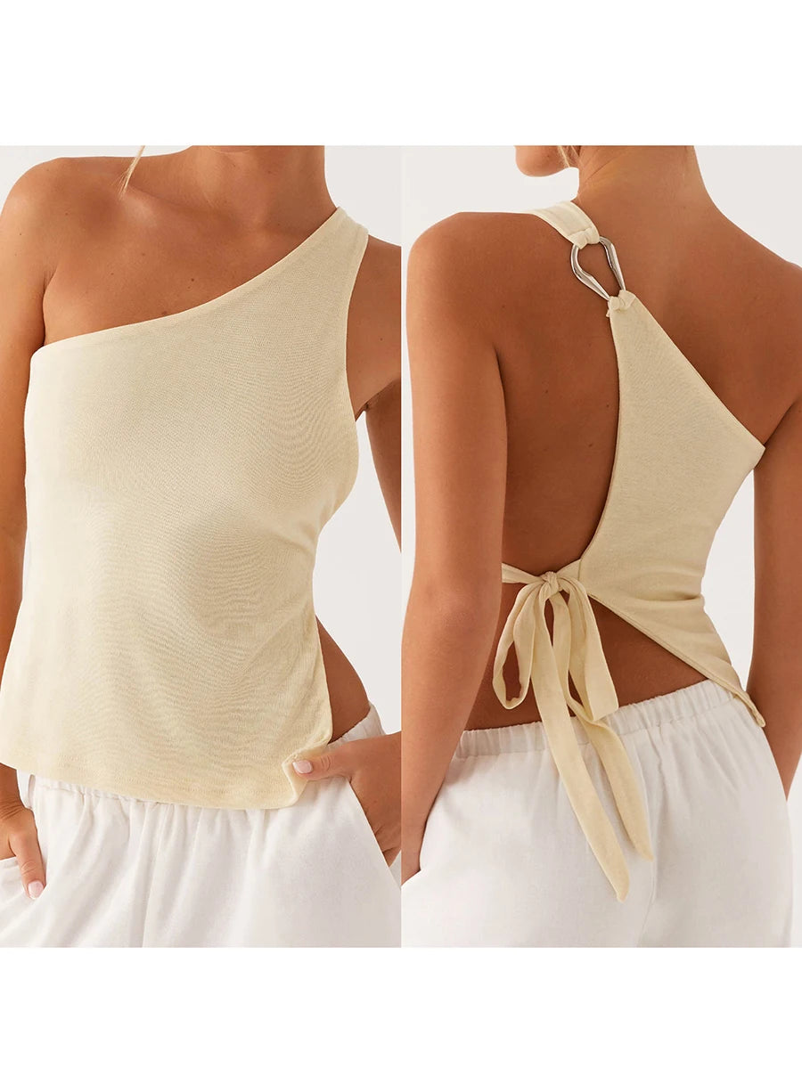 Women Off One Shoulder Tank Tops for Women Solid Stylish Side Tie Design Summer T-Shirt.