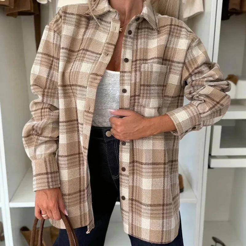 Women Elegant Checkered Print Office Shirt Spring Autumn Turn-down Collar Button Blouses Casual Long Sleeve Street Top Cardigans.