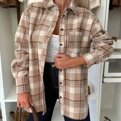 Women Elegant Checkered Print Office Shirt Spring Autumn Turn-down Collar Button Blouses Casual Long Sleeve Street Top Cardigans.