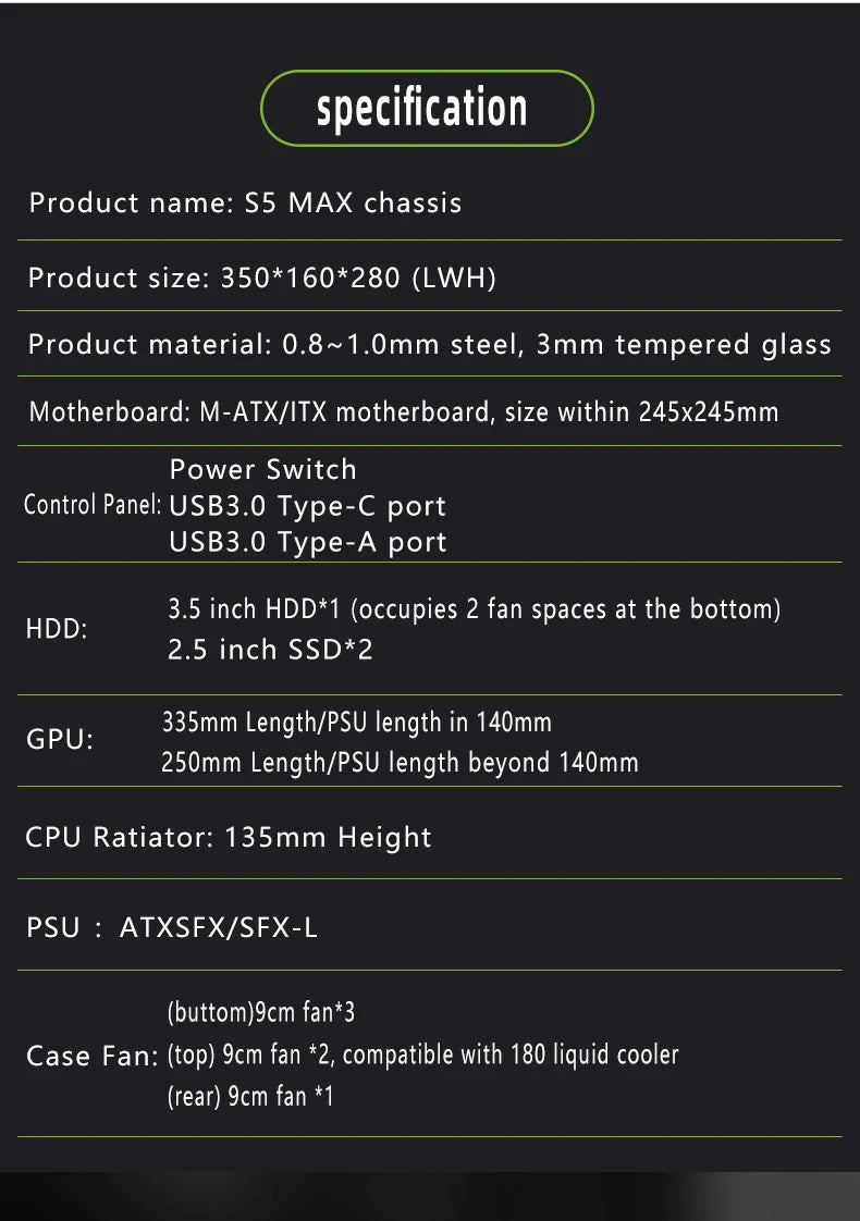 METALFISH S5 MAX Computer Case Gaming PC Chassis Support MATX/ITX 24.5*24.5cm SFX/ATX PSU 135 Mid Tower /180 WaterCooling Cooler.