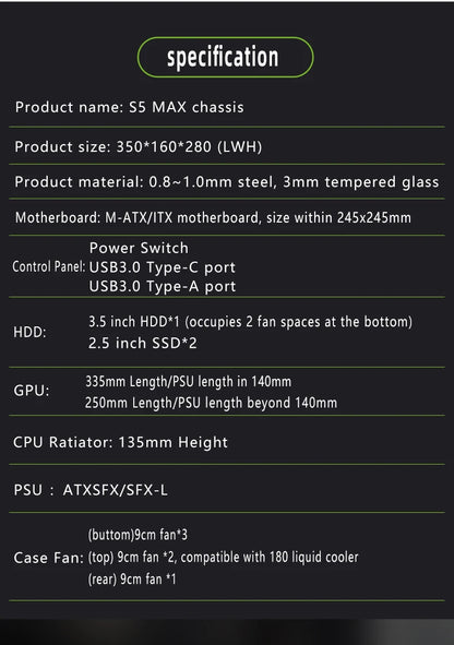 METALFISH S5 MAX Computer Case Gaming PC Chassis Support MATX/ITX 24.5*24.5cm SFX/ATX PSU 135 Mid Tower /180 WaterCooling Cooler.